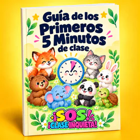 Portada de la Guía de los Primeros 5 Minutos de clase, con un reloj y los animalitos del kit
