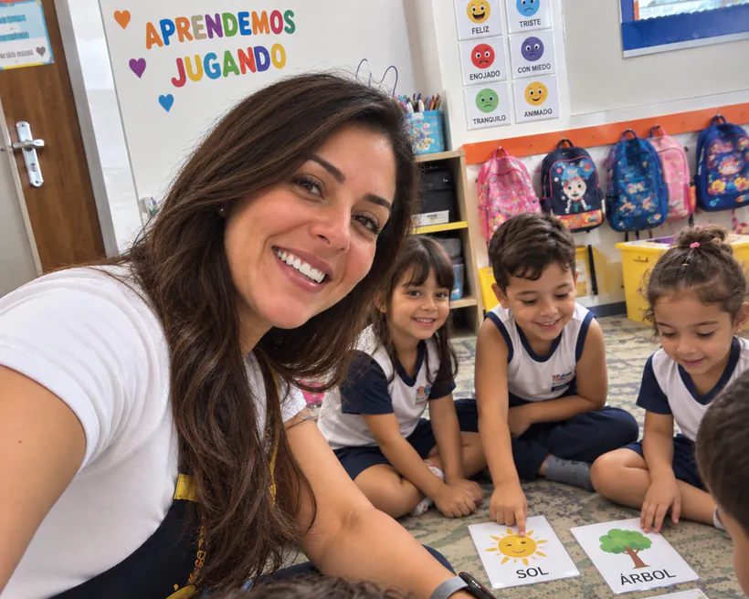 Rosa González sonriendo, con su delantal, sentada en el piso del salón con tres niños de uniforme alrededor de tarjetas ilustradas